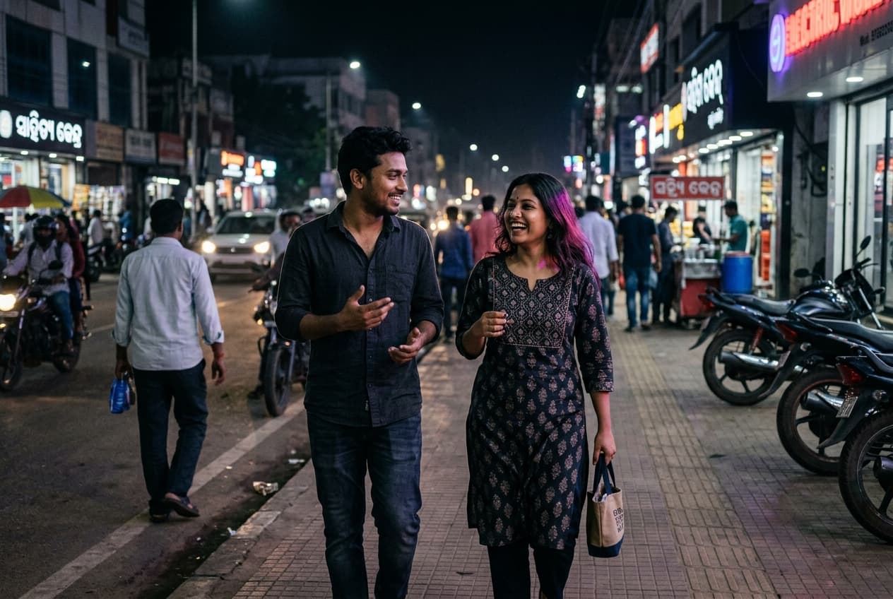 Two people walking and talking on a city street at night